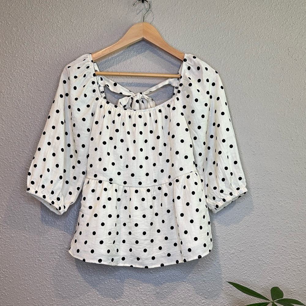 Cream Polka Dot Puff Sleeve Tie Back Peplum Blouse